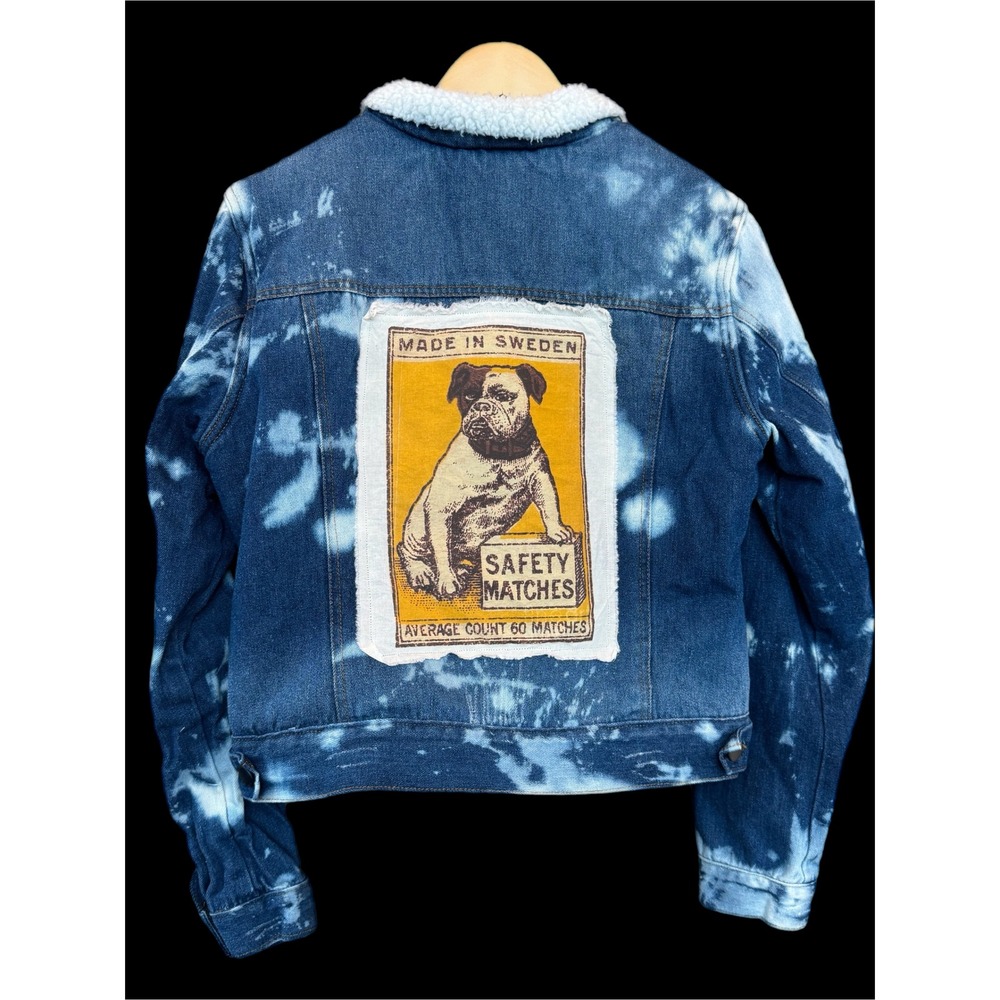Sherpa‎ Lined Bleached Denim Jacket Bulldog Patch XL